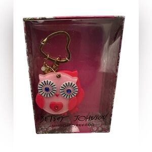 BETSEY JOHNSON OWL MIRRORED KEY FOB IN PINK & GOLD HARDWARE NEW IN BOX
